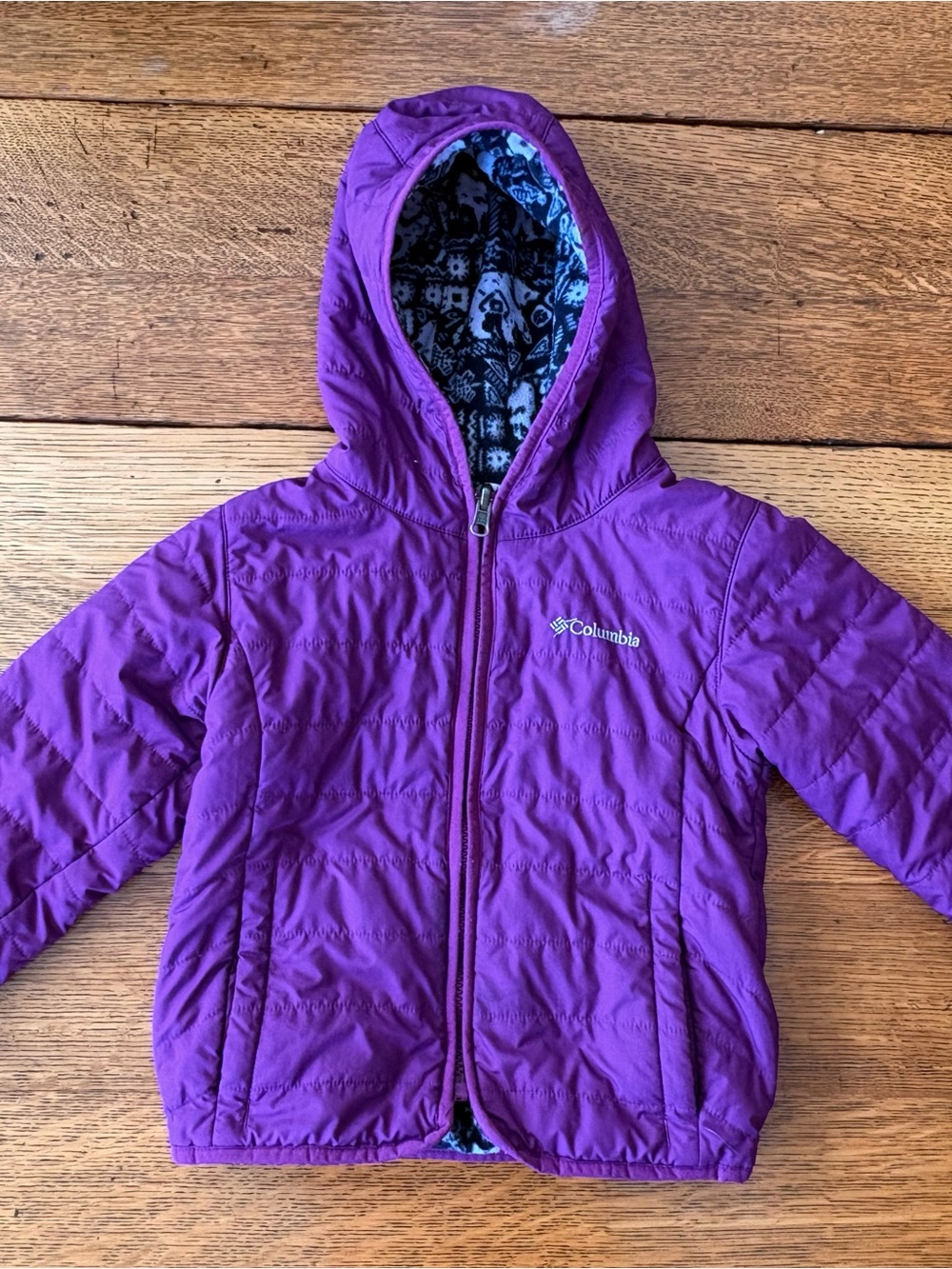 Columbia Girls' Purple Hooded Puffer Jacket with Patterned Fleece Lining